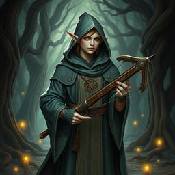 A full-body portrait of a semi-elf wizard of draconic lineage, wearing a long hooded robe adorned with intricate magical symbols