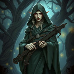 A full-body portrait of a semi-elf wizard of draconic lineage, wearing a long hooded robe adorned with intricate magical symbols