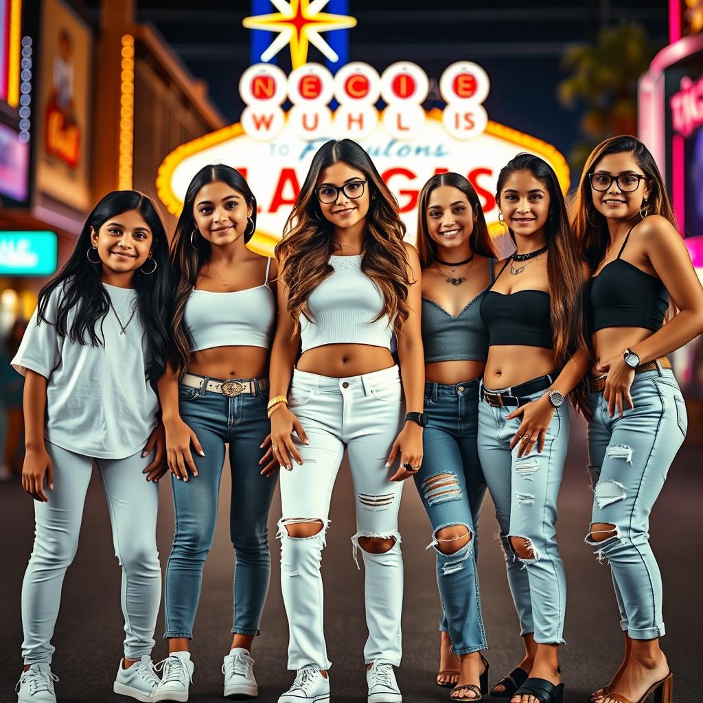 Five Latina siblings standing together in a lively Las Vegas backdrop, each showcasing their distinctive style and accessories: the youngest, an elementary school girl around 9 years old, has long black hair and wears comfortable leggings with a classic white t-shirt, accessorized with a simple necklace and playful earrings