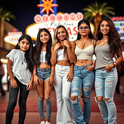 Five Latina siblings standing together in a lively Las Vegas backdrop, each showcasing their distinctive style and accessories: the youngest, an elementary school girl around 9 years old, has long black hair and wears comfortable leggings with a classic white t-shirt, accessorized with a simple necklace and playful earrings