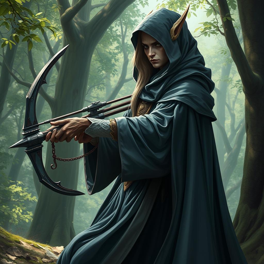 A full-body portrait of a semi-elf wizard with draconic features, wearing a long hooded robe that flows elegantly around them