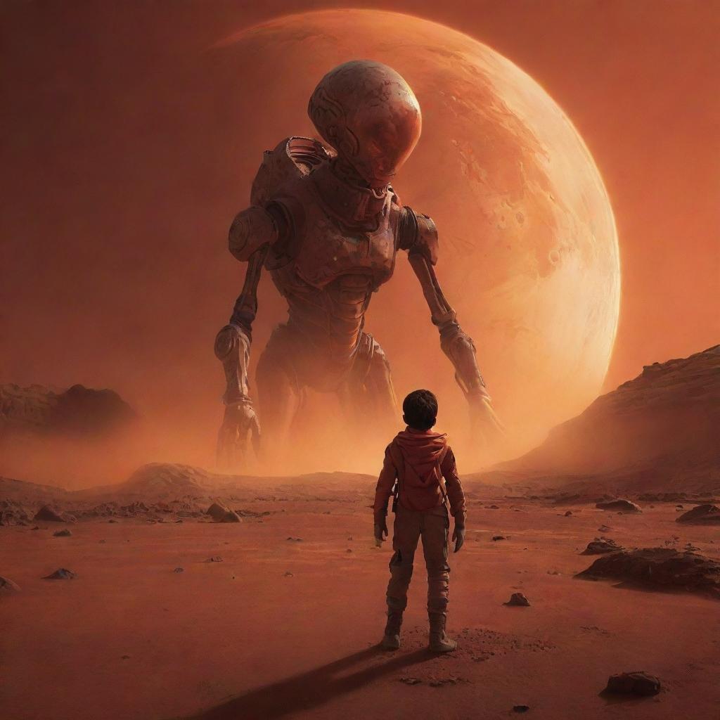 Alter the scene to portray the boy, still swirling with flames, now exploring Mars' red landscape. He is face to face with a friendly, alien creature, creating a sense of unpredictable adventure.