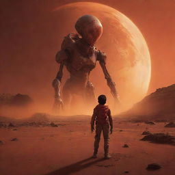 Alter the scene to portray the boy, still swirling with flames, now exploring Mars' red landscape. He is face to face with a friendly, alien creature, creating a sense of unpredictable adventure.