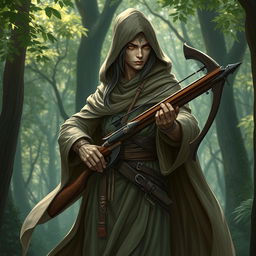 A full-body portrait of a semi-elf wizard with draconic features, wearing a long hooded robe that flows elegantly around them