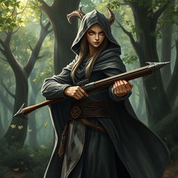 A full-body portrait of a semi-elf wizard with draconic features, wearing a long hooded robe that flows elegantly around them