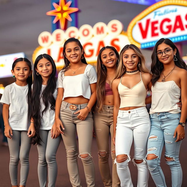 Five Latina siblings standing together in a vibrant Las Vegas backdrop, each displaying their unique style and accessories while representing different ages: the youngest, an elementary school girl around 9 years old, has long black hair styled simply and wears comfortable leggings, paired with a classic white t-shirt, adorned with cheerful earrings and a playful necklace