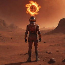 Alter the scene to portray the boy, still swirling with flames, now exploring Mars' red landscape. He is face to face with a friendly, alien creature, creating a sense of unpredictable adventure.