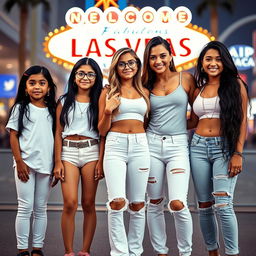 Five Latina siblings standing together in a vibrant Las Vegas backdrop, each displaying their unique style and accessories while representing different ages: the youngest, an elementary school girl around 9 years old, has long black hair styled simply and wears comfortable leggings, paired with a classic white t-shirt, adorned with cheerful earrings and a playful necklace