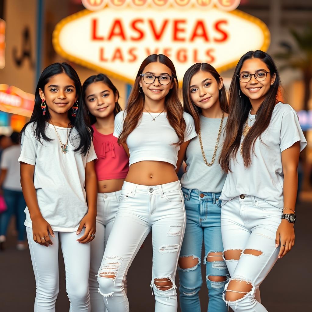 Five Latina siblings standing together in a vibrant Las Vegas backdrop, each showcasing their distinct styles and accessories while appearing to be of different ages: the youngest, around 9 years old, has long black hair styled simply, dressed in comfortable leggings and a classic white t-shirt, adorned with colorful earrings and a fun necklace