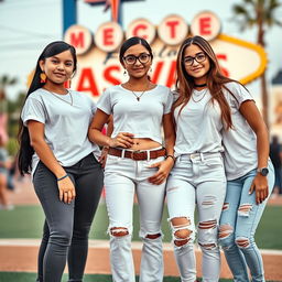 Five Latina siblings standing together in a vibrant Las Vegas backdrop, each showcasing their distinct styles and accessories while appearing to be of different ages: the youngest, around 9 years old, has long black hair styled simply, dressed in comfortable leggings and a classic white t-shirt, adorned with colorful earrings and a fun necklace