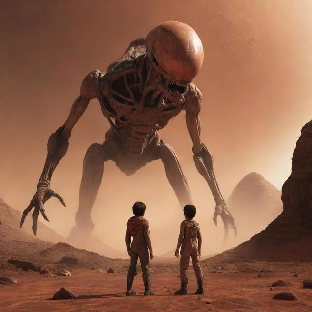 Modify the scene to portray the boy, with courage on his flame-lit face, standing in confrontation with the alien creature. They are separated by a fine line of tension under the stark backdrop of Mars.