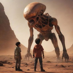 Modify the scene to portray the boy, with courage on his flame-lit face, standing in confrontation with the alien creature. They are separated by a fine line of tension under the stark backdrop of Mars.