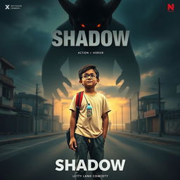 A cinematic action horror fantasy comedy film poster titled 'SHADOW'