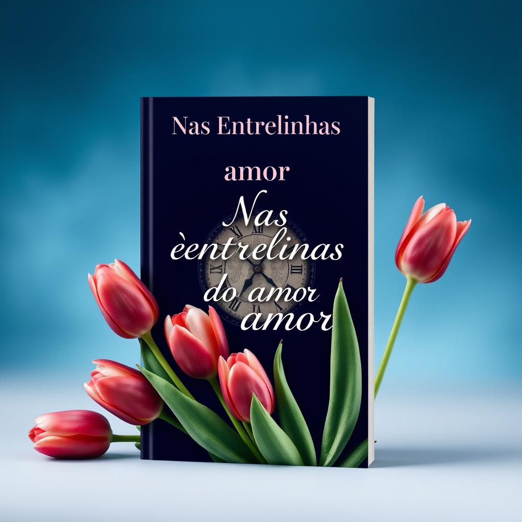 A captivating book cover design titled "Nas entrelinhas do amor" featuring a harmonious blend of deep blue and burgundy colors