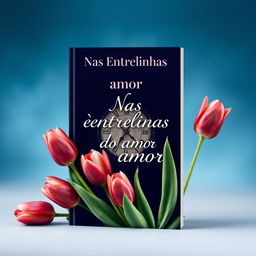 A captivating book cover design titled "Nas entrelinhas do amor" featuring a harmonious blend of deep blue and burgundy colors