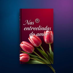 A captivating book cover design titled "Nas entrelinhas do amor" featuring a harmonious blend of deep blue and burgundy colors