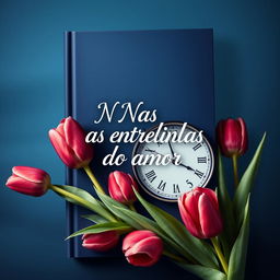 A captivating book cover design titled "Nas entrelinhas do amor" featuring a harmonious blend of deep blue and burgundy colors