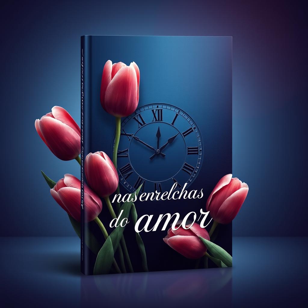 A captivating book cover design titled "Nas entrelinhas do amor" featuring a harmonious blend of deep blue and burgundy colors