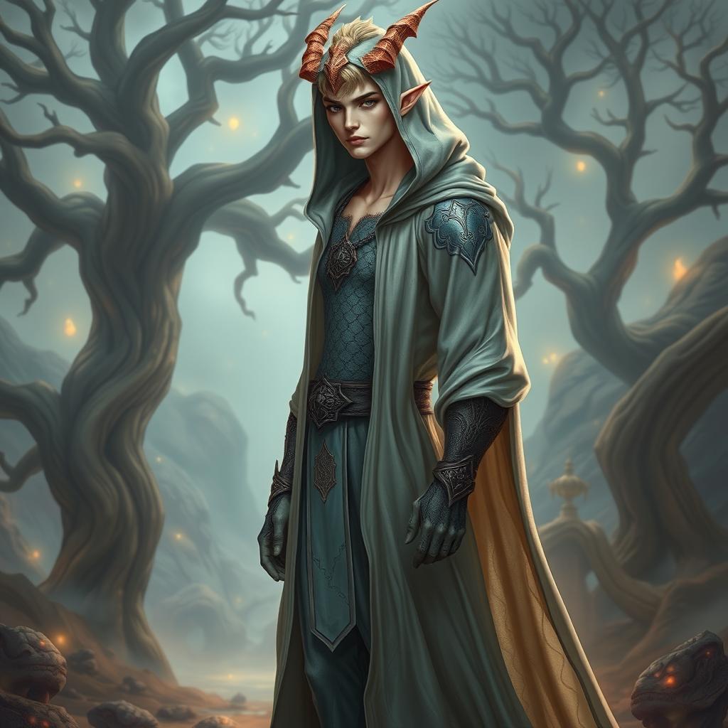 A full-body portrait of a male semi-elf with draconic features, showcasing his striking appearance with elegant dragon-like scales and sharp, attractive facial characteristics