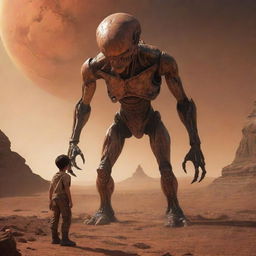 Modify the scene to portray the boy, with courage on his flame-lit face, standing in confrontation with the alien creature. They are separated by a fine line of tension under the stark backdrop of Mars.