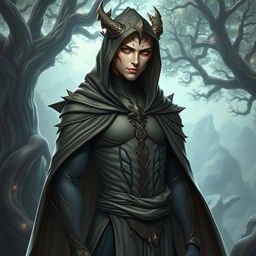 A full-body portrait of a male semi-elf with draconic features, showcasing his striking appearance with elegant dragon-like scales and sharp, attractive facial characteristics