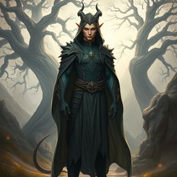 A full-body portrait of a male semi-elf with draconic features, showcasing his striking appearance with elegant dragon-like scales and sharp, attractive facial characteristics