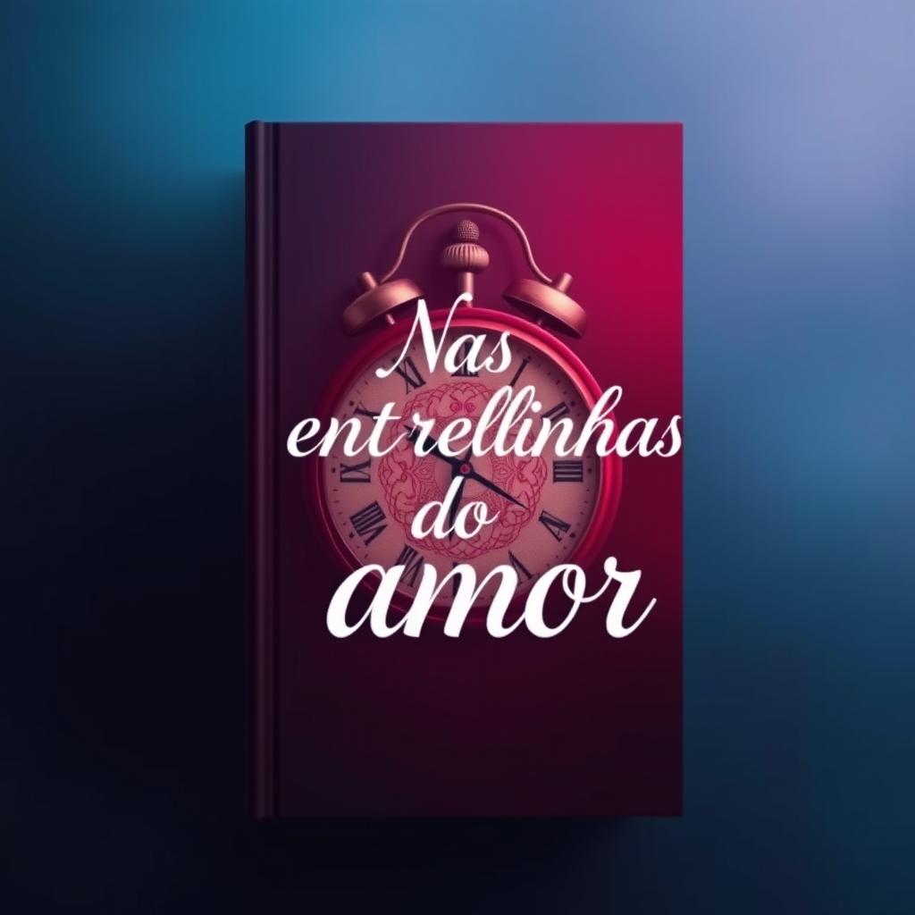 A captivating book cover design titled "Nas entrelinhas do amor" featuring a harmonious blend of deep blue and burgundy colors