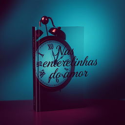 A captivating book cover design titled "Nas entrelinhas do amor" featuring a harmonious blend of deep blue and burgundy colors