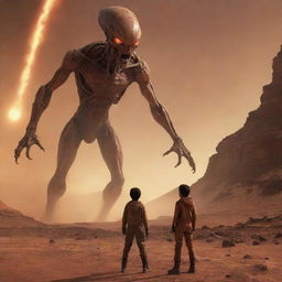 Modify the scene to portray the boy, with courage on his flame-lit face, standing in confrontation with the alien creature. They are separated by a fine line of tension under the stark backdrop of Mars.