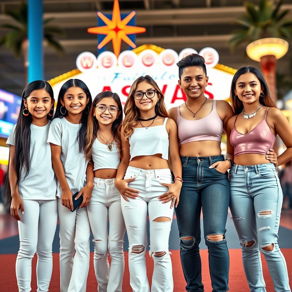 Five Latina siblings standing together in a vibrant Las Vegas backdrop, each expressing their unique style and accessories while appearing to be of different ages: the youngest, around 9 years old, has long black hair styled simply and wears comfortable leggings with a classic white t-shirt, adorned with colorful hoop earrings and a playful necklace