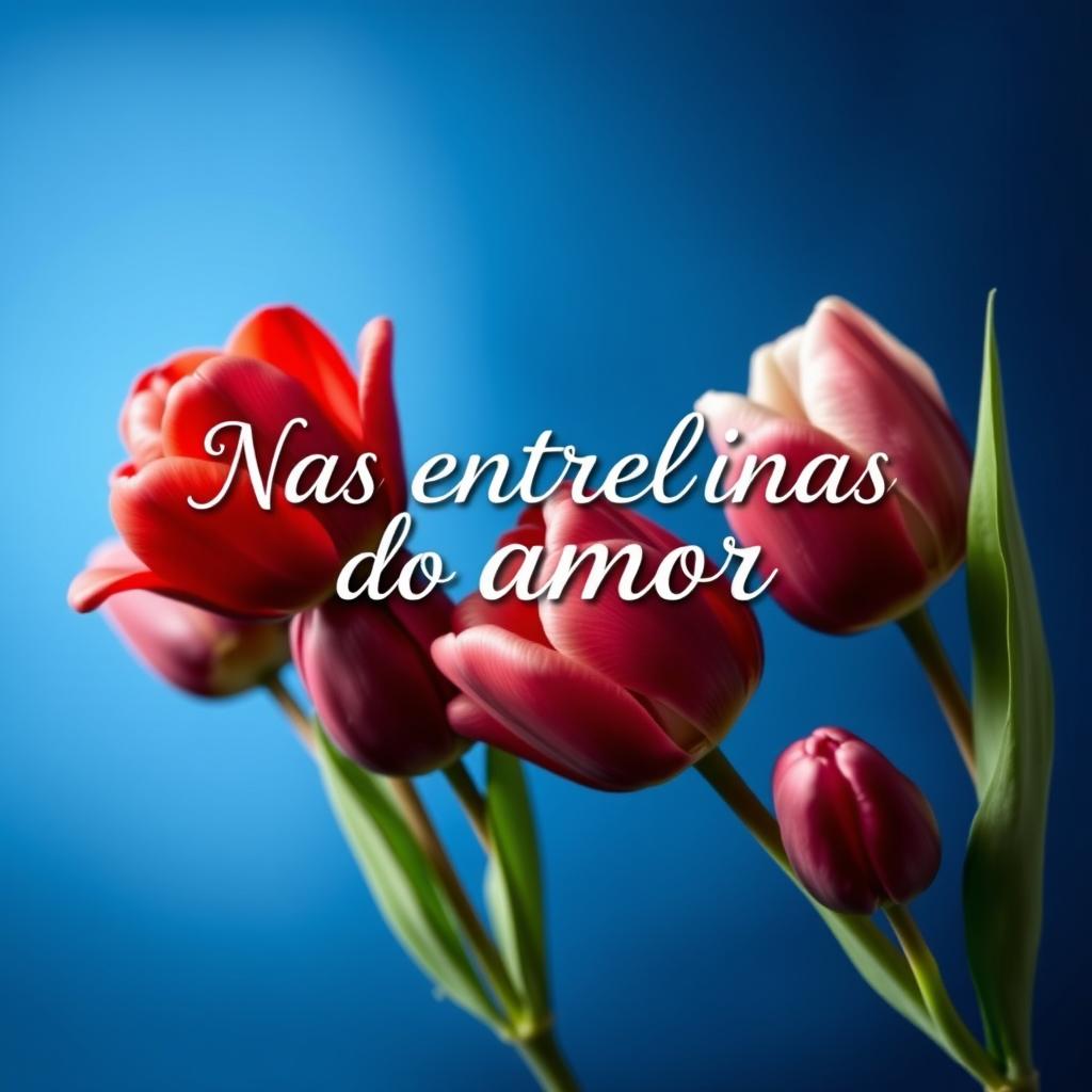 A captivating book cover design titled "Nas entrelinhas do amor" featuring a harmonious blend of deep blue and burgundy colors