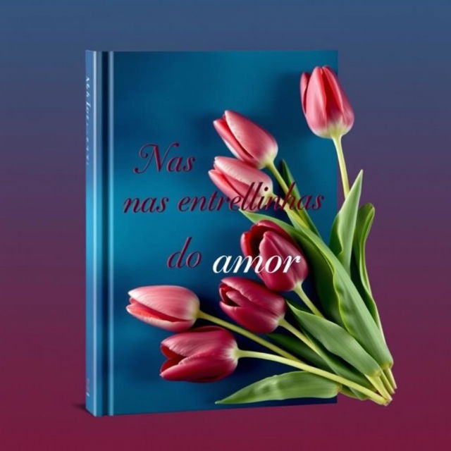 A captivating book cover design titled "Nas entrelinhas do amor" featuring a harmonious blend of deep blue and burgundy colors