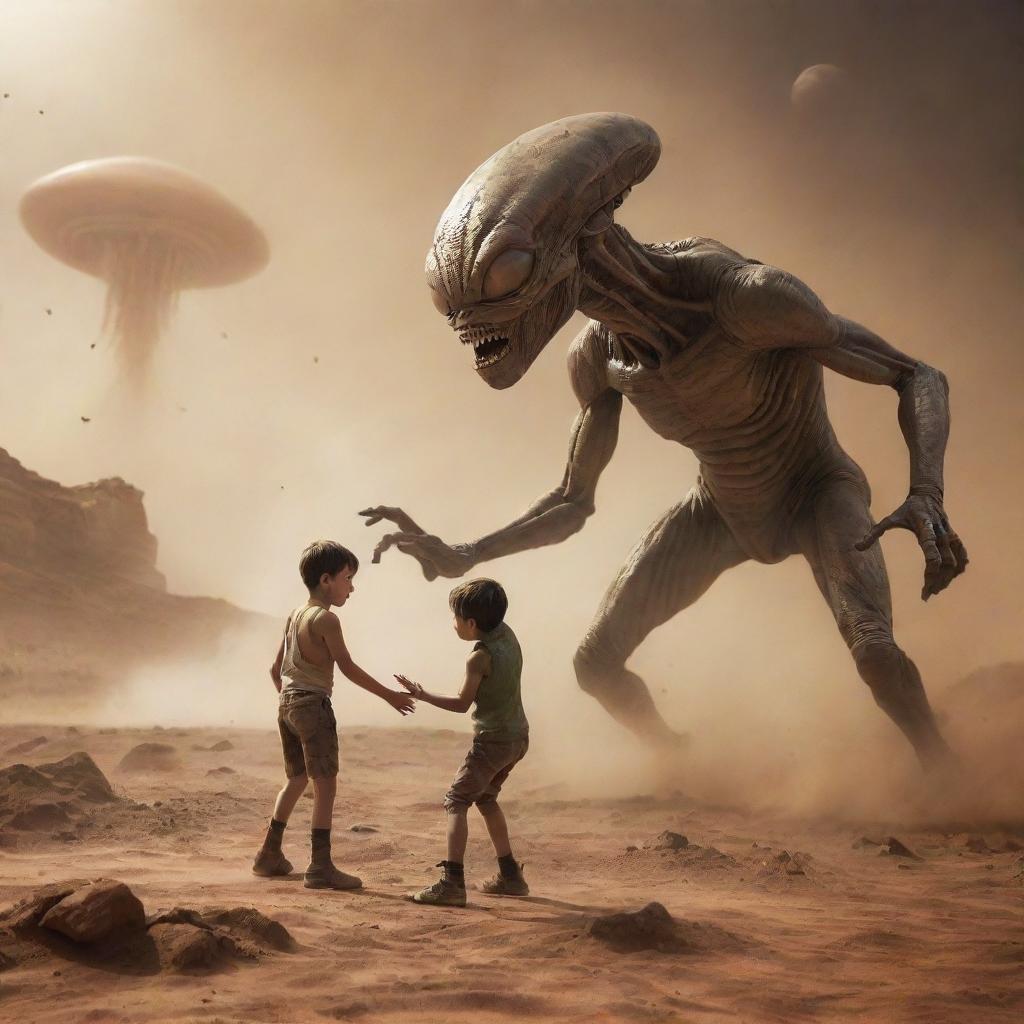 Modify the scene to depict the boy and the alien creature engaged in a fierce yet friendly wrestling match against the Martian landscape, dust swirling around them, creating an intense and dramatic atmosphere.