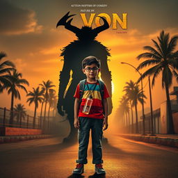 A cinematic action horror fantasy comedy film poster featuring a bespectacled young Indian boy, simple and unassuming, dressed in a colorful T-shirt and casual pants