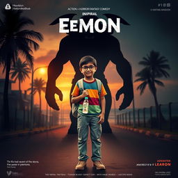 A cinematic action horror fantasy comedy film poster featuring a bespectacled young Indian boy, simple and unassuming, dressed in a colorful T-shirt and casual pants