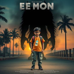 A cinematic action horror fantasy comedy film poster featuring a bespectacled young Indian boy, simple and unassuming, dressed in a colorful T-shirt and casual pants