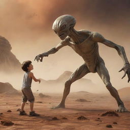 Modify the scene to depict the boy and the alien creature engaged in a fierce yet friendly wrestling match against the Martian landscape, dust swirling around them, creating an intense and dramatic atmosphere.