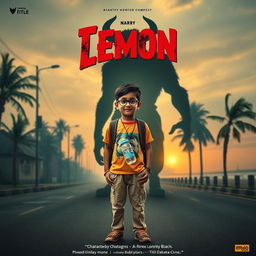 A cinematic action horror fantasy comedy film poster featuring a bespectacled young Indian boy, simple and unassuming, dressed in a colorful T-shirt and casual pants