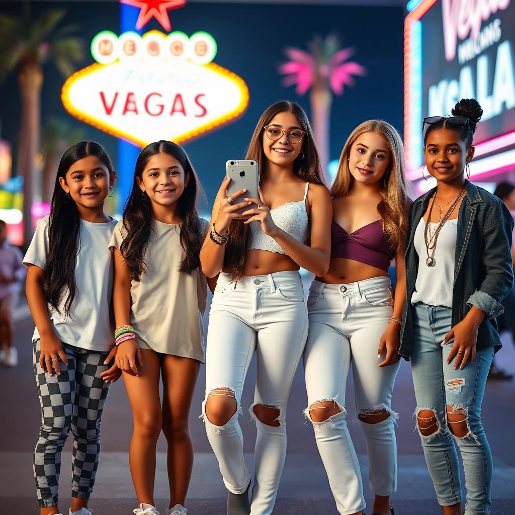 Five Latina siblings standing together in a lively Las Vegas setting, each showcasing their unique fashion styles and accessories while representing different ages: the youngest sibling, around 9 years old, has long black hair, dressed in playful leggings and a bright white t-shirt, adorned with fun earrings and a colorful bracelet