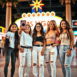 Five Latina siblings standing together in a lively Las Vegas setting, each showcasing their unique fashion styles and accessories while representing different ages: the youngest sibling, around 9 years old, has long black hair, dressed in playful leggings and a bright white t-shirt, adorned with fun earrings and a colorful bracelet