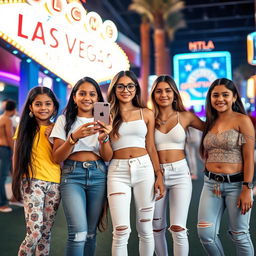 Five Latina siblings standing together in a lively Las Vegas setting, each showcasing their unique fashion styles and accessories while representing different ages: the youngest sibling, around 9 years old, has long black hair, dressed in playful leggings and a bright white t-shirt, adorned with fun earrings and a colorful bracelet