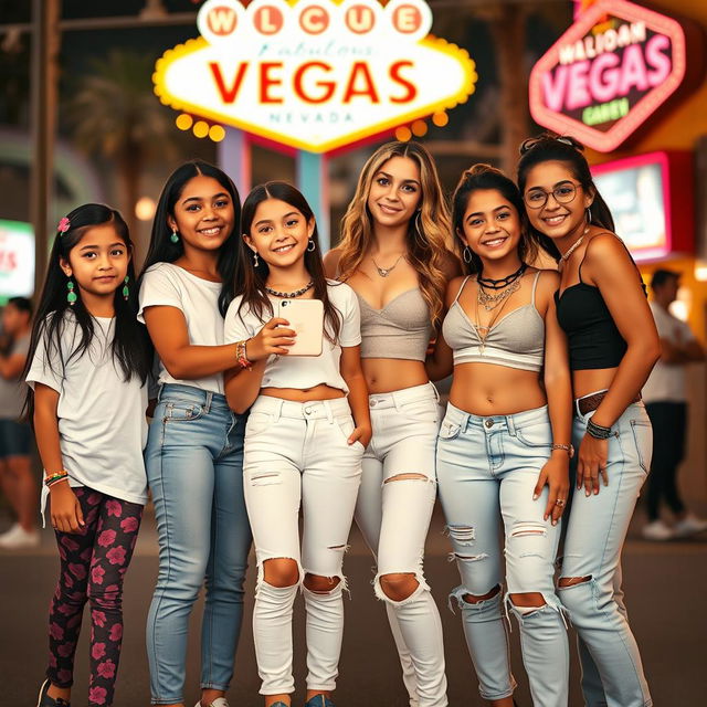 Five Latina siblings standing together in a lively Las Vegas setting, each showcasing their unique fashion styles and accessories while representing different ages: the youngest sibling, around 9 years old, has long black hair, dressed in playful leggings and a bright white t-shirt, adorned with fun earrings and a colorful bracelet