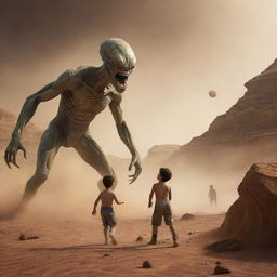 Modify the scene to depict the boy and the alien creature engaged in a fierce yet friendly wrestling match against the Martian landscape, dust swirling around them, creating an intense and dramatic atmosphere.