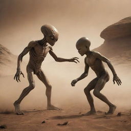 Modify the scene to depict the boy and the alien creature engaged in a fierce yet friendly wrestling match against the Martian landscape, dust swirling around them, creating an intense and dramatic atmosphere.