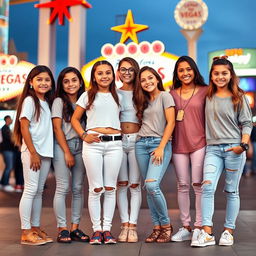 Five Latina siblings standing together in a lively Las Vegas setting, each showcasing their unique fashion styles and accessories, reflecting their different ages: the youngest sibling, around 8 years old, has long brown hair, wearing playful leggings and a simple white t-shirt, adorned with fun earrings and a colorful bracelet