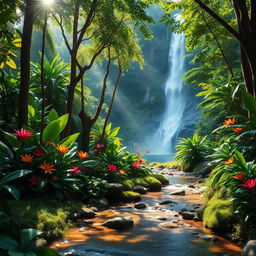 A tranquil and serene scene depicting a vibrant rainforest filled with lush greenery, tall trees, and colorful tropical flowers