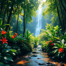 A tranquil and serene scene depicting a vibrant rainforest filled with lush greenery, tall trees, and colorful tropical flowers