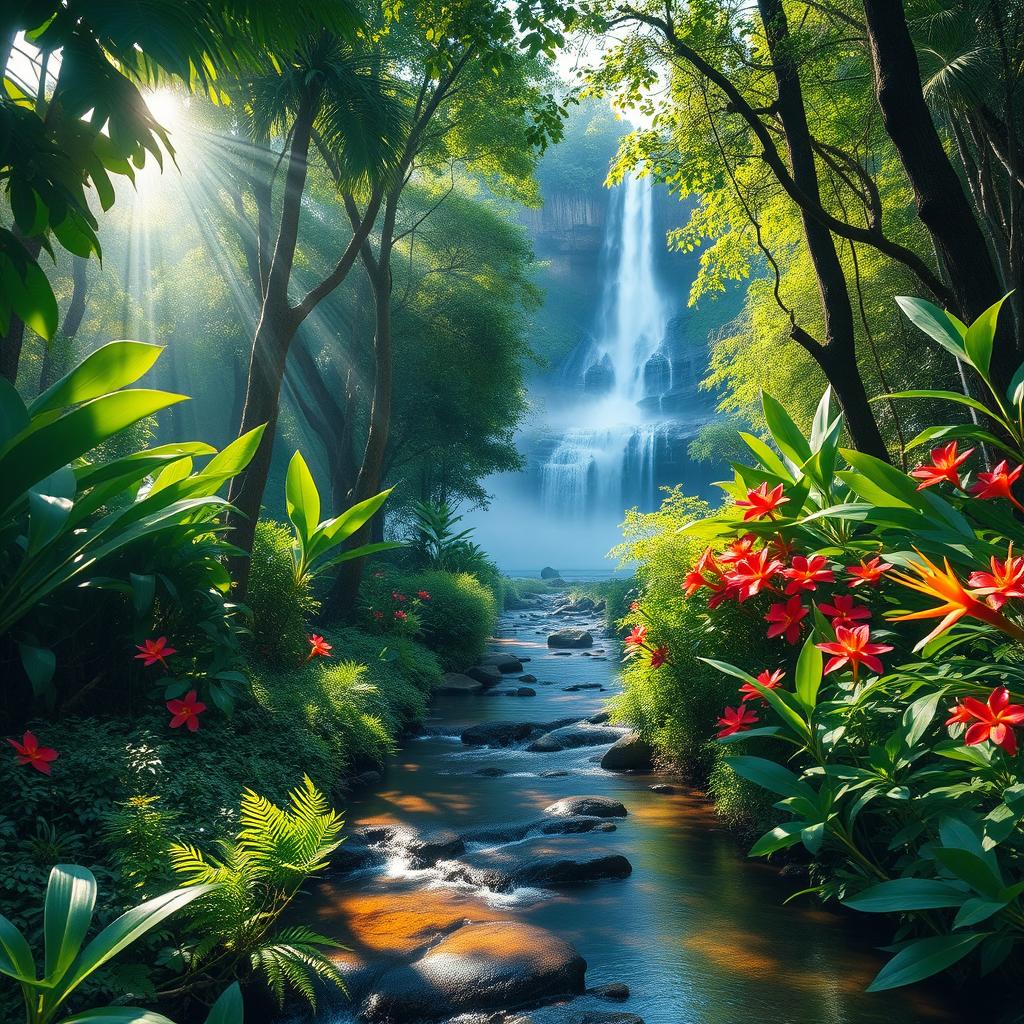 A tranquil and serene scene depicting a vibrant rainforest filled with lush greenery, tall trees, and colorful tropical flowers