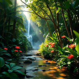 A tranquil and serene scene depicting a vibrant rainforest filled with lush greenery, tall trees, and colorful tropical flowers