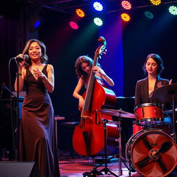 A vibrant female jazz band performing together on stage